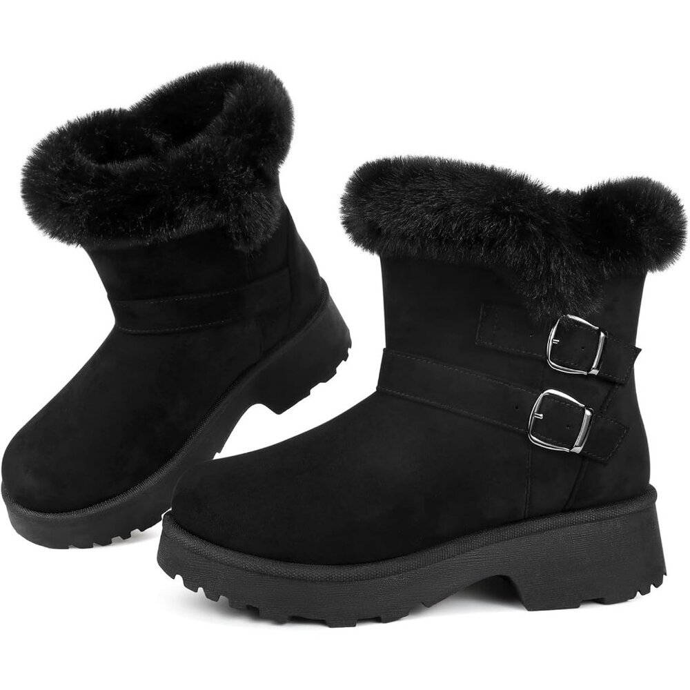Women's Chunky Low Heel Snow Boots With Fashion Buckle Slip-On Booties Black